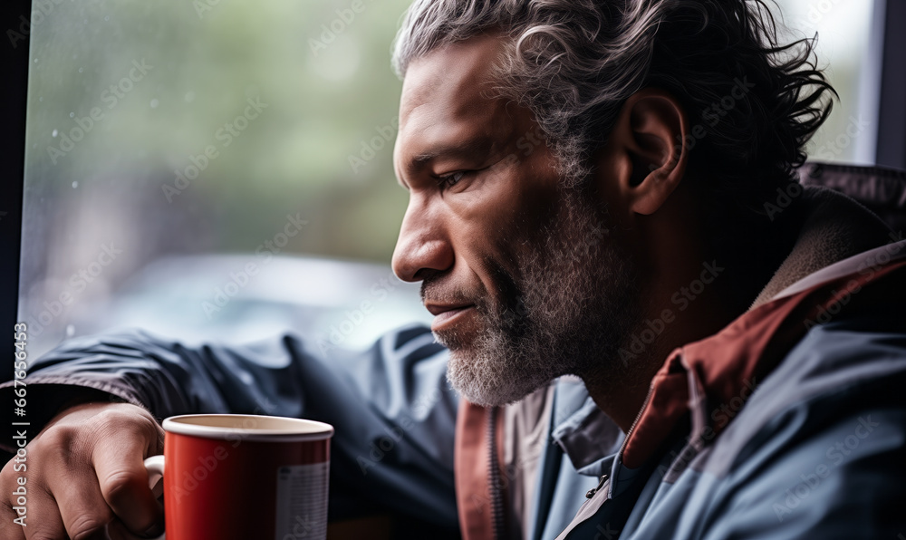 Man Finds Peace in a Cup of Coffee by the Window Man Finds Peace in a Cup of Coffee by the Window