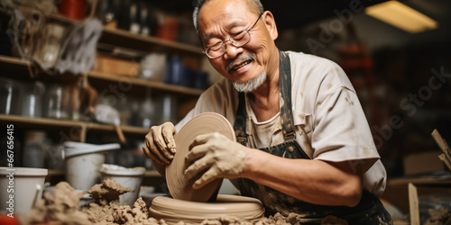 Elderly Asian Man in the Zone: Crafting Pottery in His Studio © Bartek