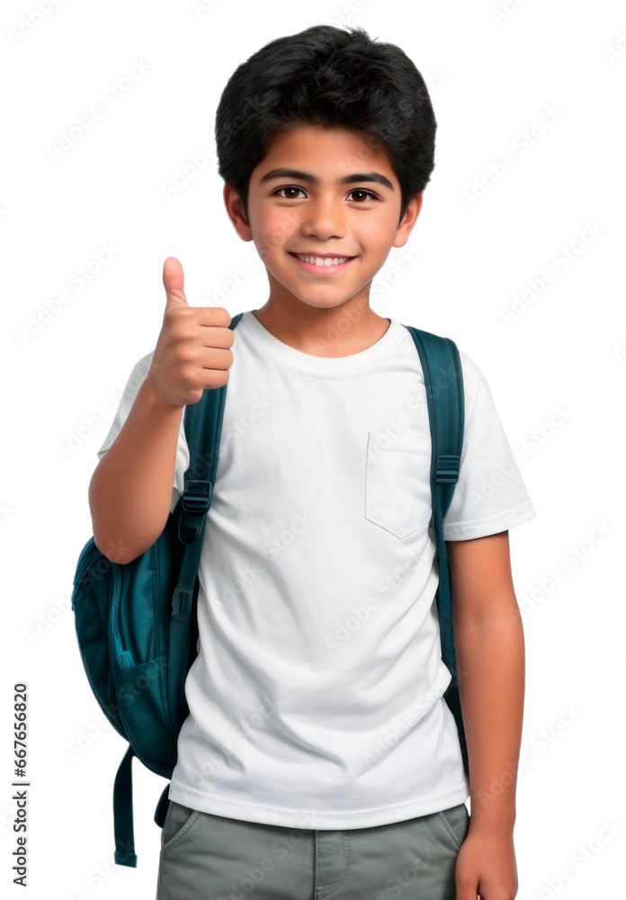 Smiling latino american boy with college backpack with thumb up gesture isolated on transparent background. AI generative Smiling latino american boy with college backpack with thumb up gesture isolated on transparent background. AI generative