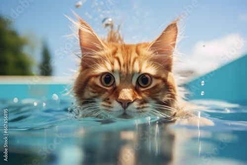 Refreshing Cat summer swimming pool party. Cute pet. Generate Ai © juliars