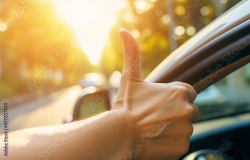 Hand gesticulate thumb up and car driver window over summer nature background. Travel car vacation concept. Generated AI © Oleksiy