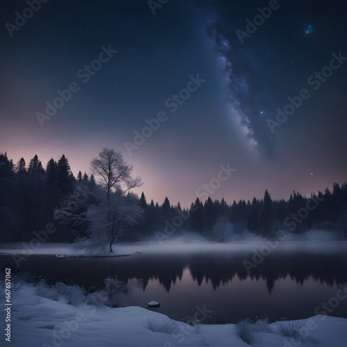 A peaceful, frozen lake surrounded by snow-draped trees, with a starry night sky overhead