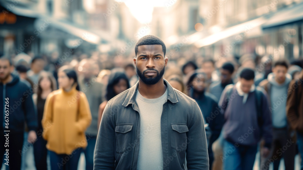 Black man walking down the street with people. AI Generated