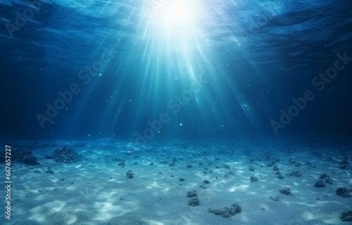 Underwater Sea Bottom Sand. Deep Abyss With Blue Sun light. Generated AI