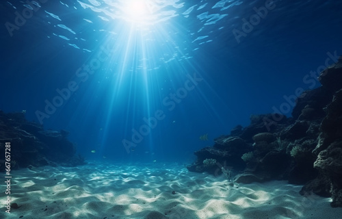 Underwater Sea Bottom Sand. Deep Abyss With Blue Sun light. Generated AI