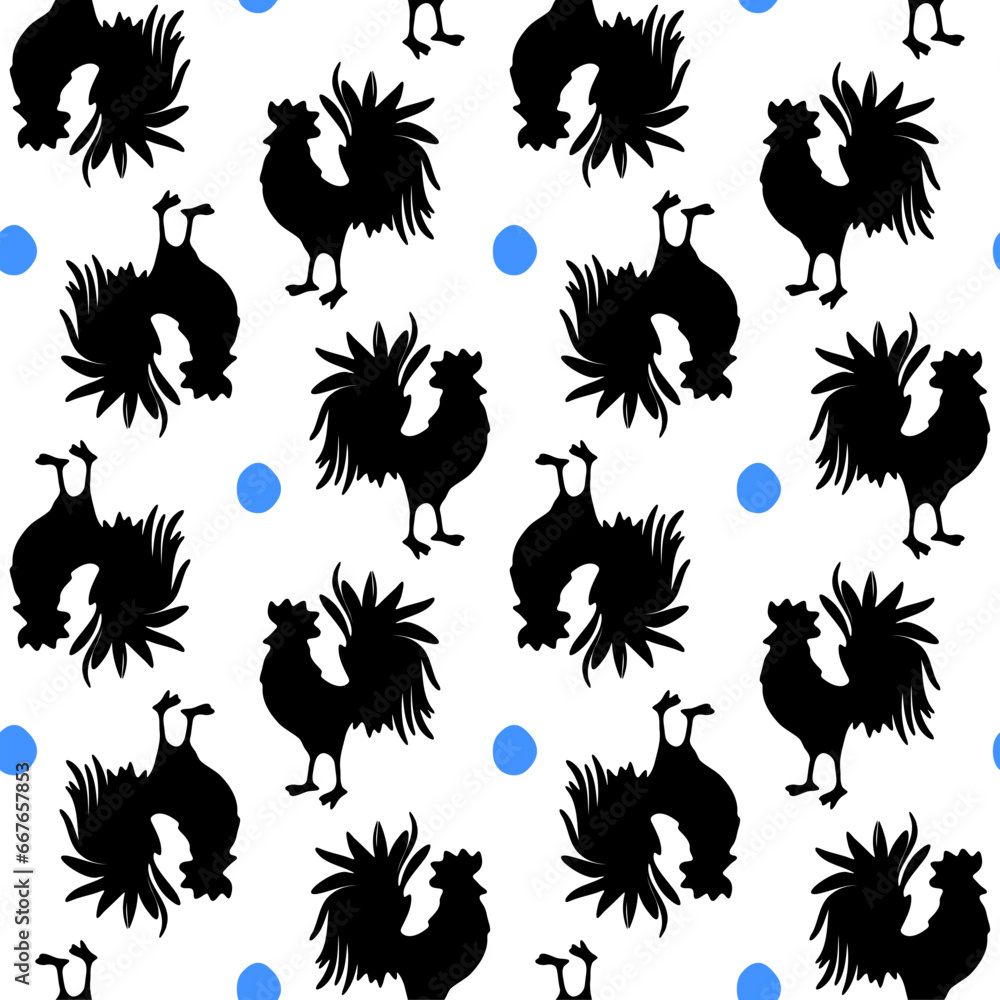Obraz premium Rooster seamless pattern design with a black silhouette on white background, vector