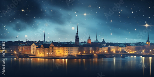 Scenic aerial view of riddarholmen, gamla stan, in the old town in stockholm at night, Artful and imaginative portrayal of a nighttime landscape generative ai 