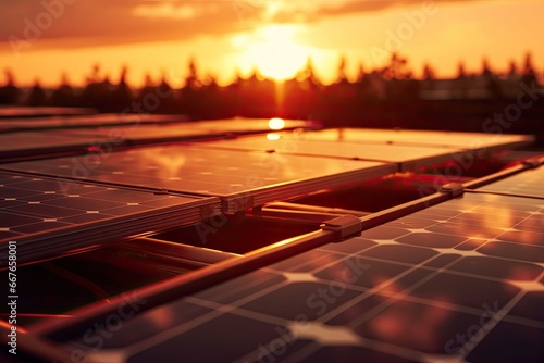 sun's golden rays gently illuminating solar panels. The adoption of renewable energy, such as solar power, stands as our shield against the perils of global warming and environmental contamination. AI
