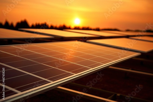 Solar panels at sunset, strategically aligned to harness the sun light. They epitomize the vision of clean, renewable energy, paving the way for a more sustainable future. AI-Generated