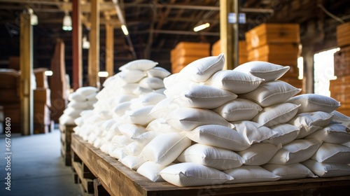 Bags of sugar in a grocery warehouse