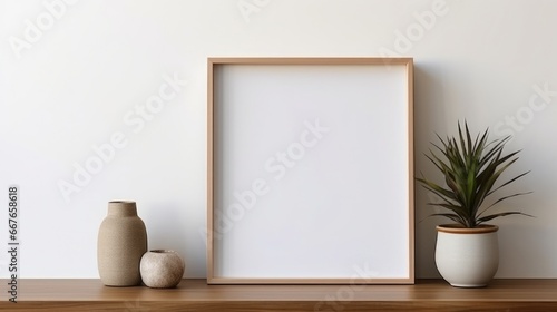 Blank vertical frame on a monochrome soft background in beige colors. Mock up for a photo or illustration. Stylish frame for a photo. Interior decor. High quality photo © masyastadnikova