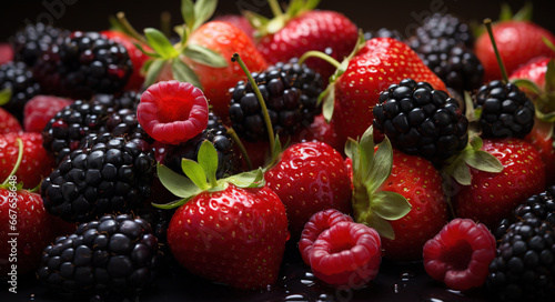 Bunch of Mixed Fresh Strawberries and Black Berries with Water Drops on Defocused Background