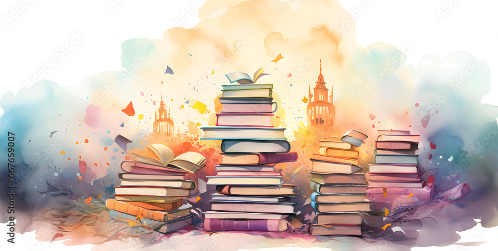Watercolor Illustration with stack of books isolated on white background - obrazy, fototapety, plakaty 