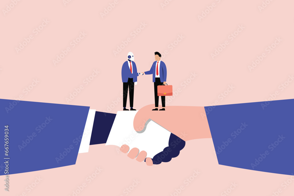 Artificial Intelligence Robot and Business Man Character Shaking Hands 2D flat vector Artificial Intelligence Robot and Business Man Character Shaking Hands 2D flat vector