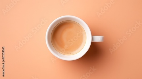Top view of cup of coffee on beige background . free space space 