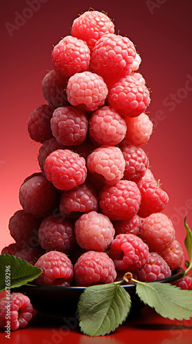Delicious Fresh Raspberrie Balancing on Table Defocused Pink Background photo