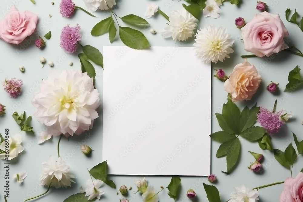 mockup of flowers with empty white notebook. generative ai