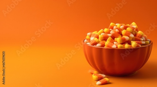 Bowl of vibrant Candy Corn on an orange background, perfect for Halloween and festive occasions. Sweet and colorful treat photo