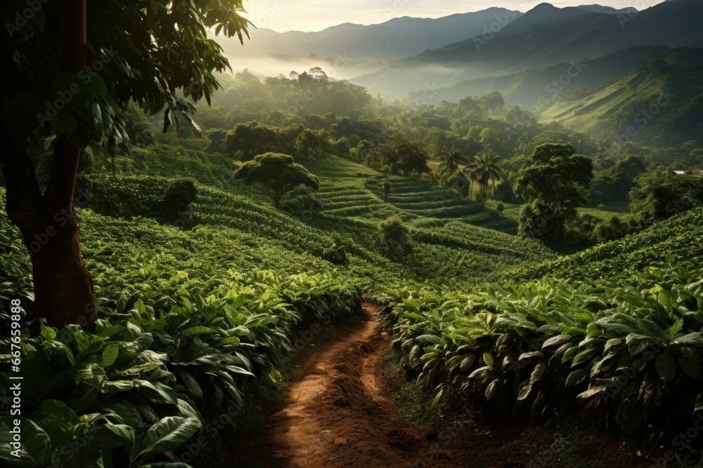 Picturesque Coffee plantation sunset. Seed hill. Generate Ai - obrazy, fototapety, plakaty 