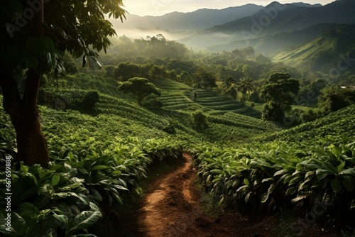 Picturesque Coffee plantation sunset. Seed hill. Generate Ai