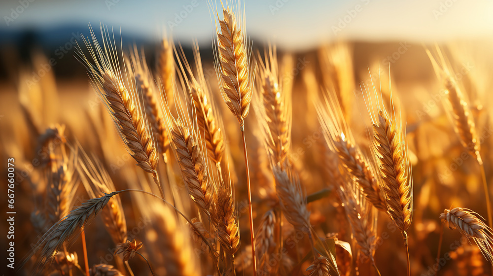 Golden Ripe Ears of Wheat on Nature in Summer Field at Sunset Rays of Sunshine Defocused Background Golden Ripe Ears of Wheat on Nature in Summer Field at Sunset Rays of Sunshine Defocused Background