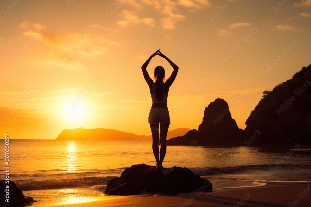 Silhouette of a woman doing yoga on the seashore at sunset