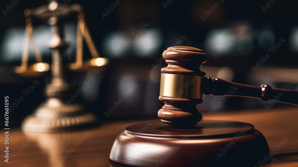 Close up of a wooden gavel in a courtroom with the scales of justice blurred in the background, symbolizing law, order, and judicial authority