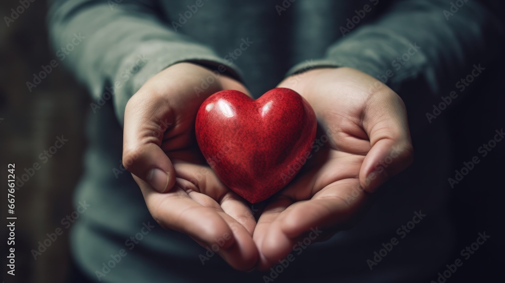 Close up of hands cradling a red heart, symbolizing love, care, and compassion, set against a soft-focused dark background Close up of hands cradling a red heart, symbolizing love, care, and compassion, set against a soft-focused dark background