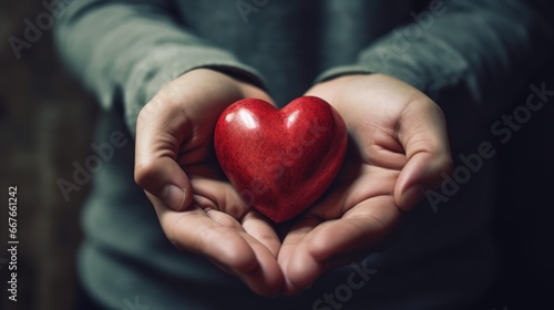 Close up of hands cradling a red heart  symbolizing love  care  and compassion  set against a soft-focused dark background