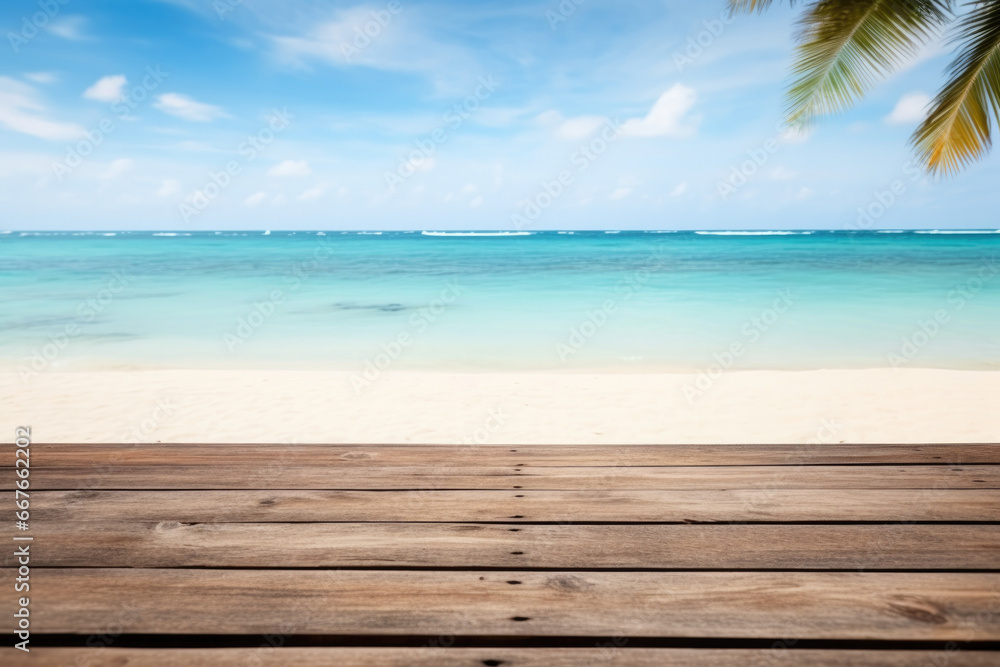 empty wooden table on the background of the beach and beautiful sea empty wooden table on the background of the beach and beautiful sea