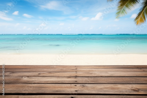 empty wooden table on the background of the beach and beautiful sea