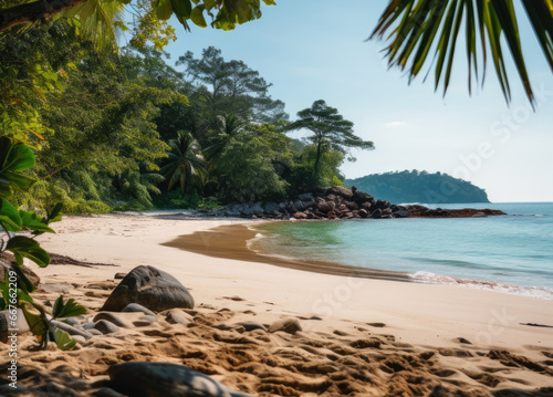 empty beach and beautiful sea view from the Jungle, Group background of dark green tropical leaves
