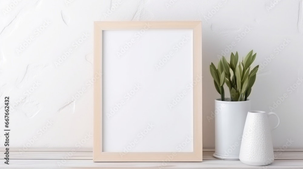 Blank vertical frame on a monochrome soft background in beige colors. Mock up for a photo or illustration Blank vertical frame on a monochrome soft background in beige colors. Mock up for a photo or illustration