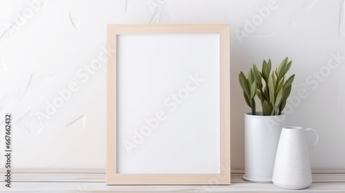 Blank vertical frame on a monochrome soft background in beige colors. Mock up for a photo or illustration © masyastadnikova