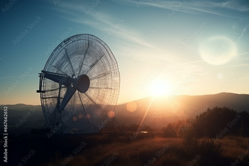 Large curved antenna with sun and lens flares in the sky. Generative AI