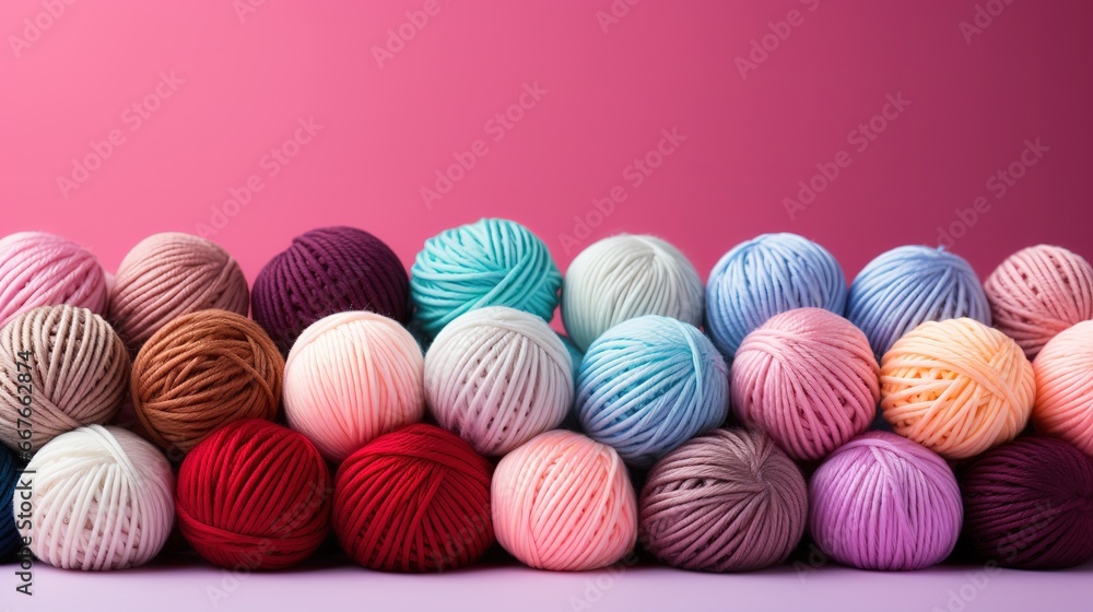 Many colorful Balls of wool yarn lie on a pink background, favorite hobby knitting Many colorful Balls of wool yarn lie on a pink background, favorite hobby knitting