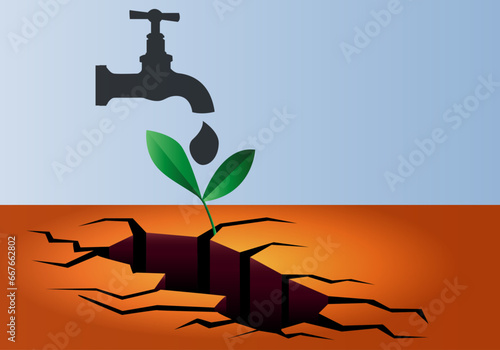 Escasez de agua. Sequía. Grifo goteando sobre un brote verde en una campo que sufre sequía. Cambio climático. Desastre natural