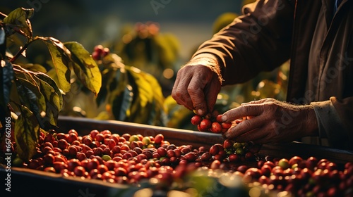 The hands of a coffee picker collect a new red harvest of coffee berries