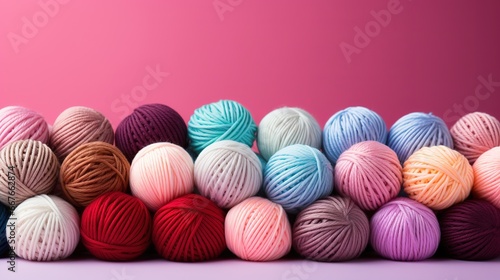 Many colorful Balls of wool yarn lie on a pink background, favorite hobby knitting
