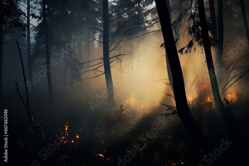 Forest fire in progress. Fire. Large flames. a threat to our environment. massive wildfire or forest fire with burning trees and orange smoke. Generative AI.