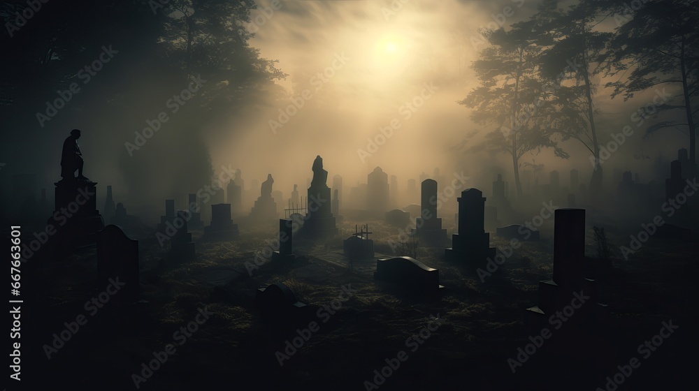 In the fog, gravestones might be seen as silhouettes. In the fog, gravestones might be seen as silhouettes.