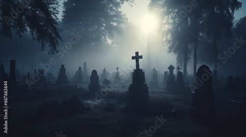 In the fog, gravestones might be seen as silhouettes.