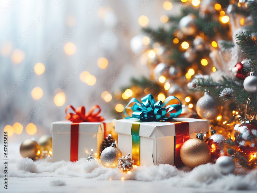 Christmas concept with Christmas gifts and blurred lights Christmas concept with Christmas gifts and blurred lights
