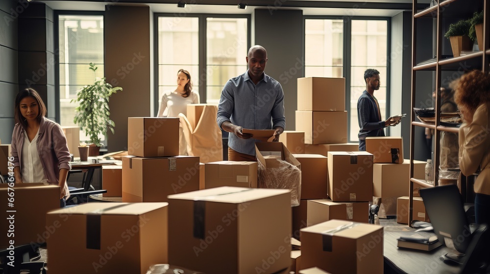 diverse coworkers unpacking boxes and settling into the office diverse coworkers unpacking boxes and settling into the office