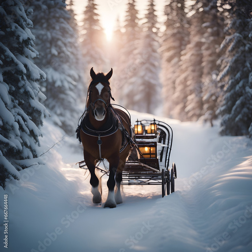 Magical winter wonderland with a horse-drawn sleigh gliding through a snow-covered forest, illuminated by the soft light of Christmas lanterns