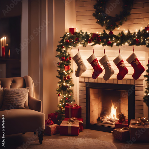 Cozy Christmas scene by the fireplace, with a festively decorated tree, stockings hanging by the mantle, and a warm glow filling the room
