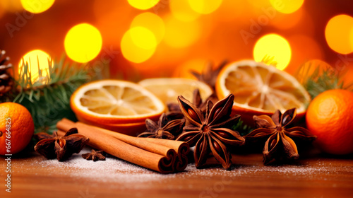 Spices or Mulled wine ingredients on yellow background. Top view, flat lay. Copy space for your text. AI Generated