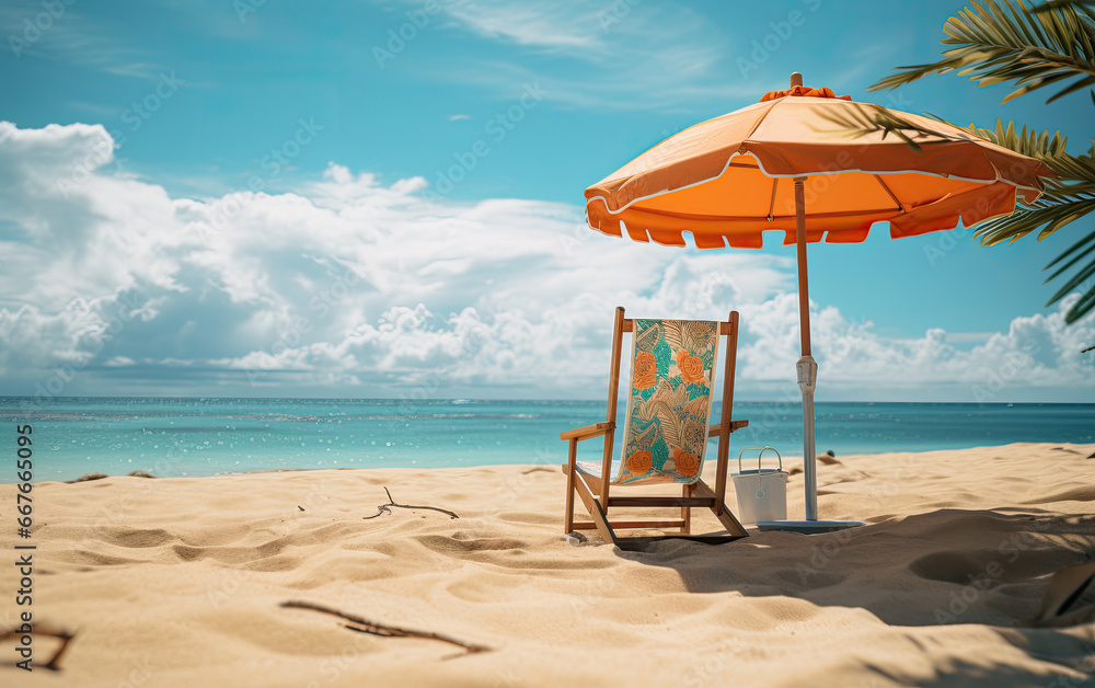 Beach chairs and umbrella on the beach at blue sky.