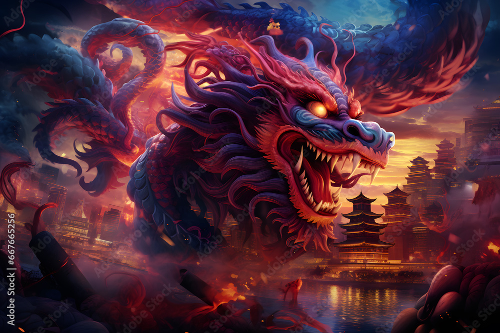 Obraz premium Dragon art with different bright neon colors splashed illustration