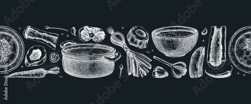 Healthy food background. Marrow bone broth border. Hot soup on plates, pans, bowls, organ meat, vegetables, marrow bones sketches. Hand drawn vector illustrations. Homemade food seamless pattern
